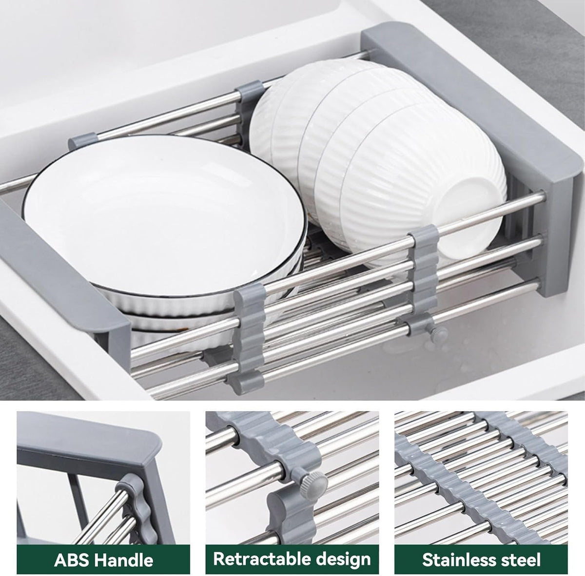 Cyrank Over The Sink Dish Drying Rack, Expandable Over Sink Grill Telescopic Drain Basket Kitchen Rack Drain Basket Sink Drying Rack(L#Grey)