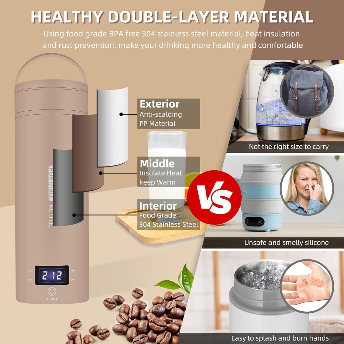 Travel Electric Kettle Portable Small Mini Tea Coffee Kettle Water Boiler, Water Heater with 4 Temperature Control,304 Stainless Steel with Auto Shut-Off & Boil Dry Protection, BPA-Free (Khaki)