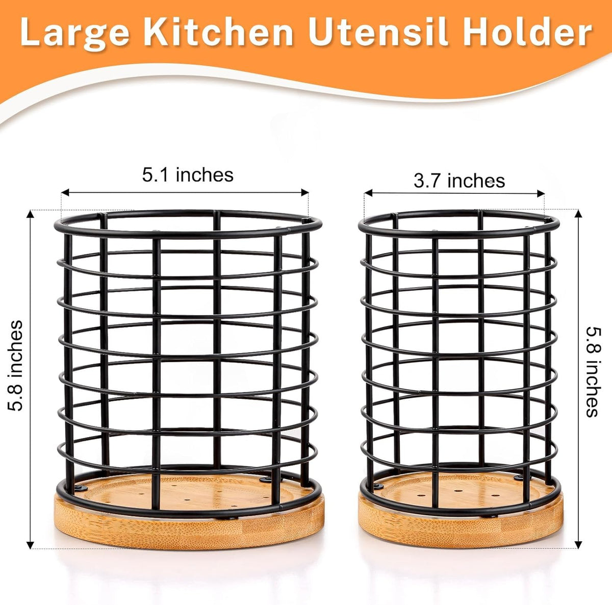 2 Pieces Utensil Holders, 5.1*5.1*5.8 and 3.7*3.7*5.8 inches Kitchen Utensil Holders, Metal Black Crocks with Wooden Base, Easy to Drain