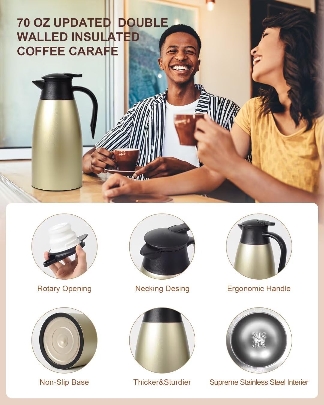 1.9L Thermal Coffee Carafe for keeping hot, Carafe for hot liquid, Airpot Insulated Coffee Carafe Stainless Steel Vacuum Thermal Pot for Coffee, Hot Water, Tea, Keep Hot 24 Hours (2 gold)