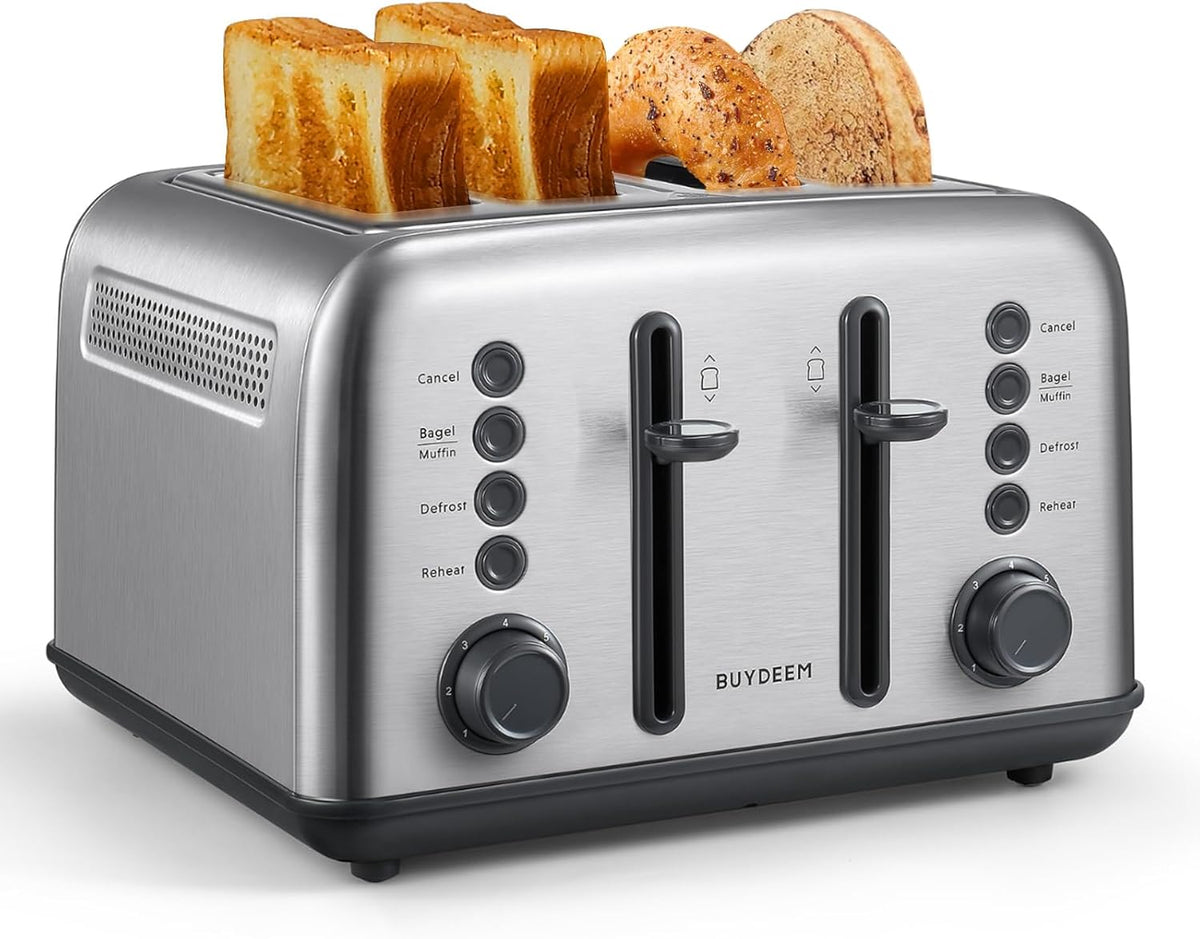 BUYDEEM DT640 Retro 4 Slice Toaster, 7 Shade Settings, Extra Wide 1.5'' Slots, Stainless Steel Toaster with Bagel Muffin Defrost Reheat Function, Retro Silver