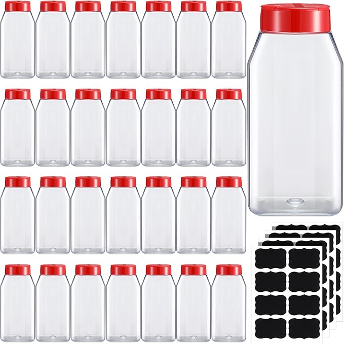Mifoci 28 Pack 16 oz Plastic Spice Jars with Cap Square Plastic Bottle Containers with Shaker Lids and Stickers Large Seasoning Shaker Empty Powder Storage Container for Storing Salt Herbs (Red)