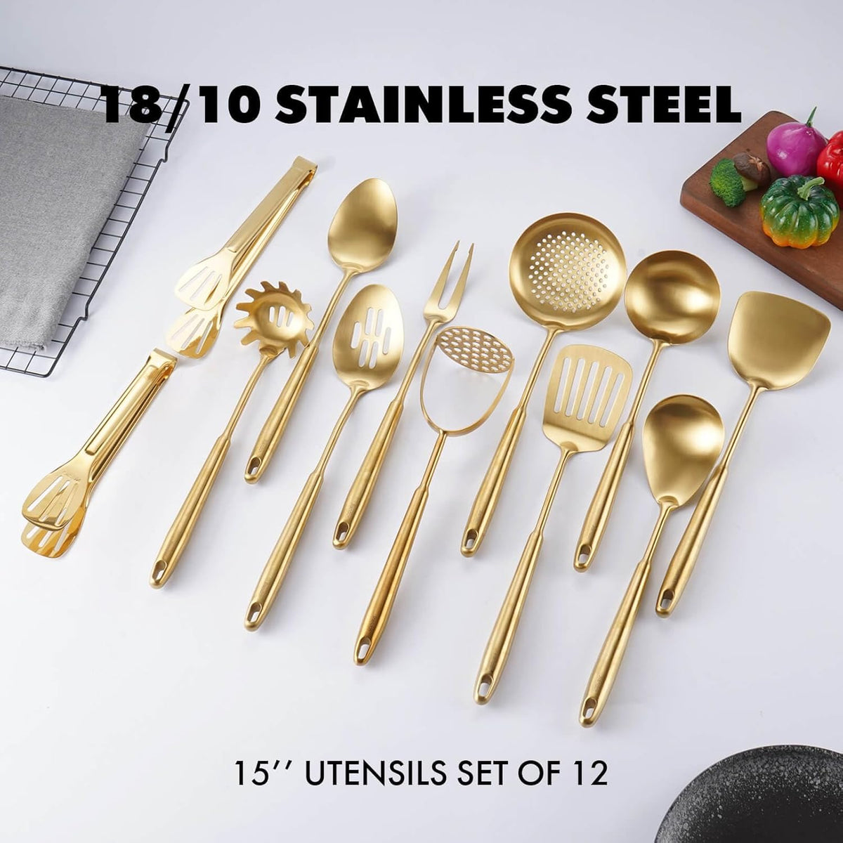 Gold Kitchen Utensils Set, 12 PCS Brass Matte Serving Utensils, 18/10 Stainless Steel All Metal Cooking Tools - Potato Masher, Tongs, Meat Fork, Spatula, Turner, Ladle, Skimmer, Spaghetti Spoon Set