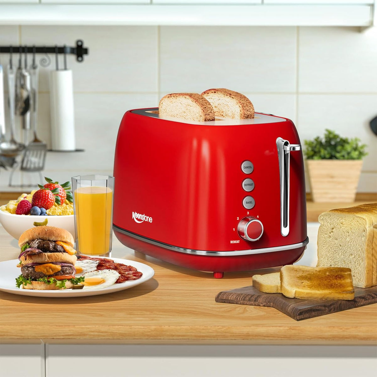 2 Slice Stainless Steel Toaster Retro with 6 Bread Shade Settings, Bagel, Cancel, Defrost Function, Extra Wide Slot, Removable Crumb Tray, Red