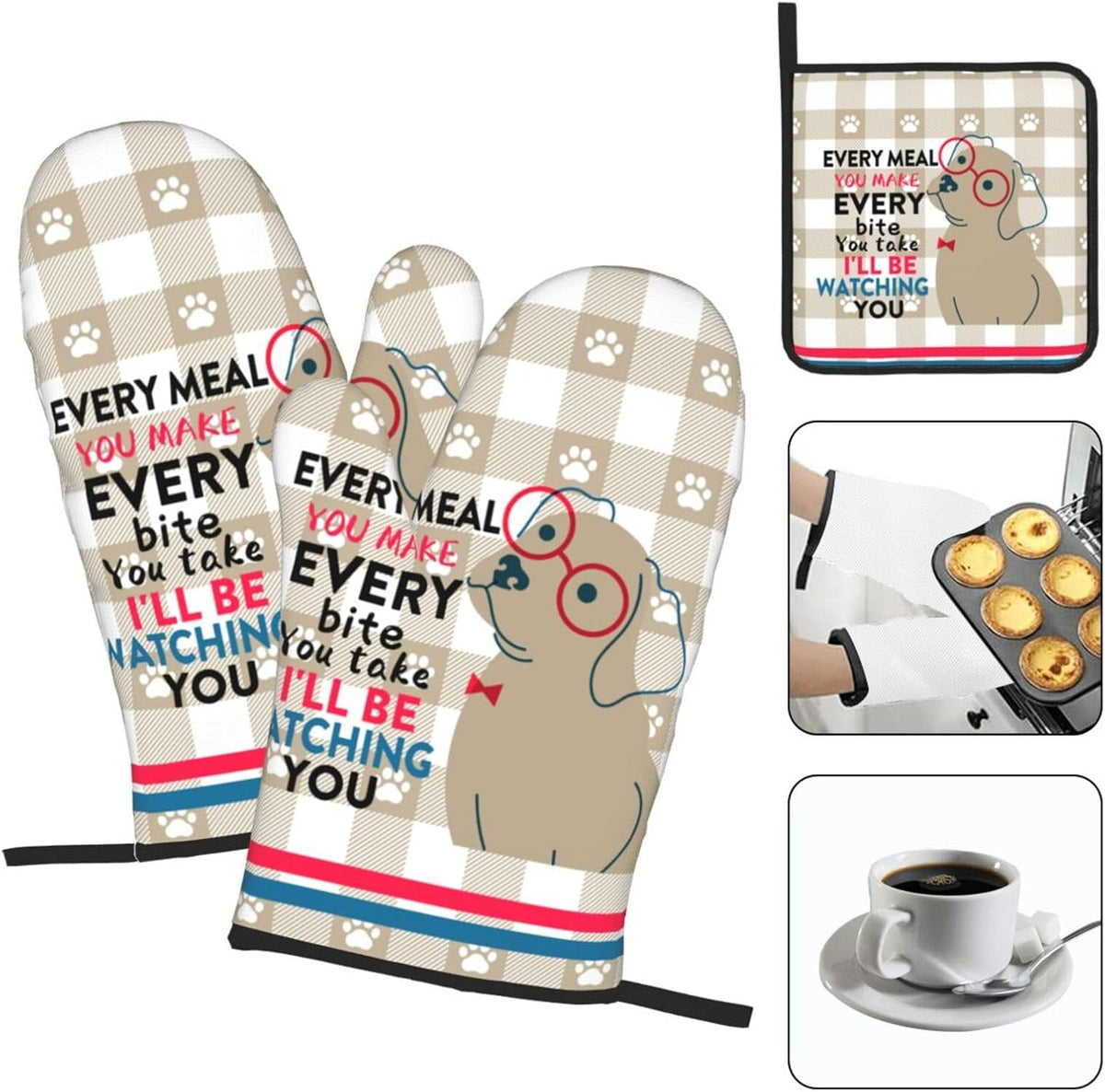 Funny Dog Oven Mitts and Pot Holders Sets of 3 Heat Resistant Hot Pads Cute Oven Gloves for Cooking Grilling Baking Kitchen Decor, Kitchen Gifts for Cooks Baker Cooking Lover Women