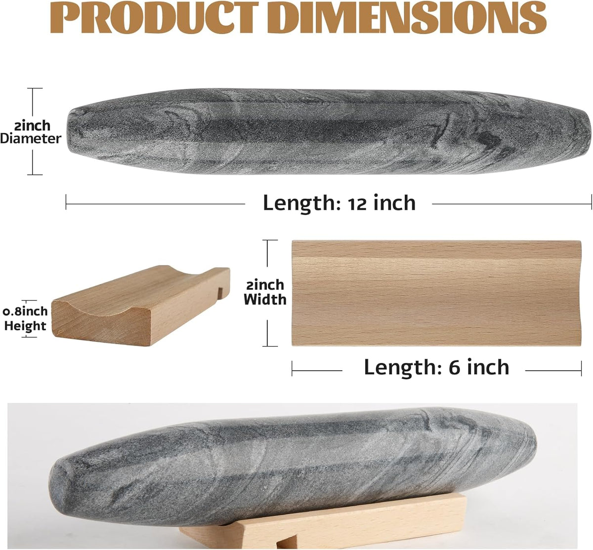 Koville African Natural Grey Marble French Rolling Pin, 12inch Non-Stick Rolling Pin for Baking, Dough Roller for Pasta, Dumpling, Fondant, Pie, Bread, Pizza, Kitchen Baking Tools