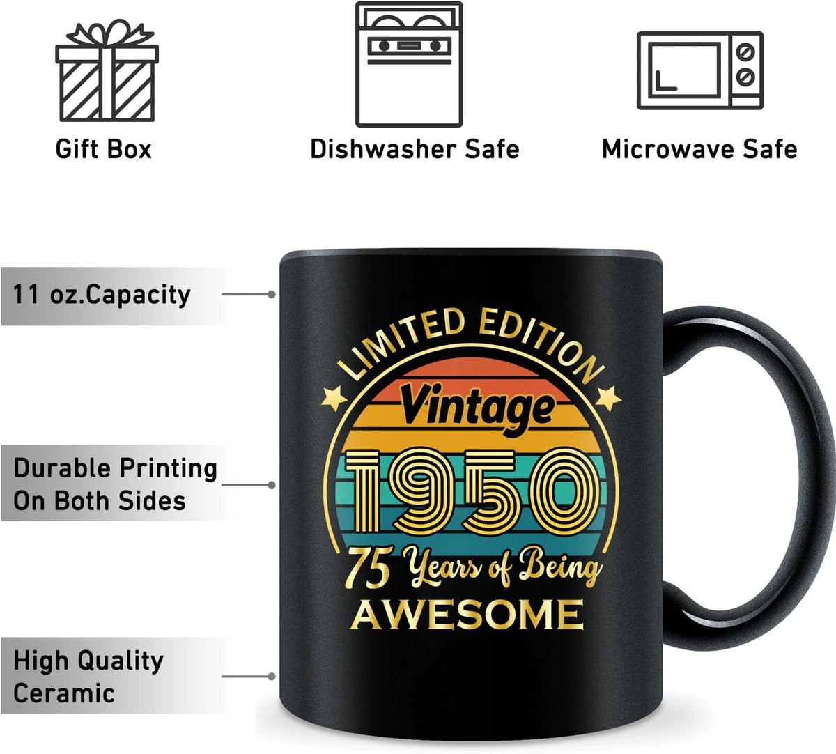 QUPT 75th Birthday Gifts for Women Men, 75th Birthday Gifts for Him, 75 Years Old Gifts, 1950 Birthday Gifts for Women Men, 1950 Birthday Gifts for Her Him, 75th Birthday Presents Coffee Mug