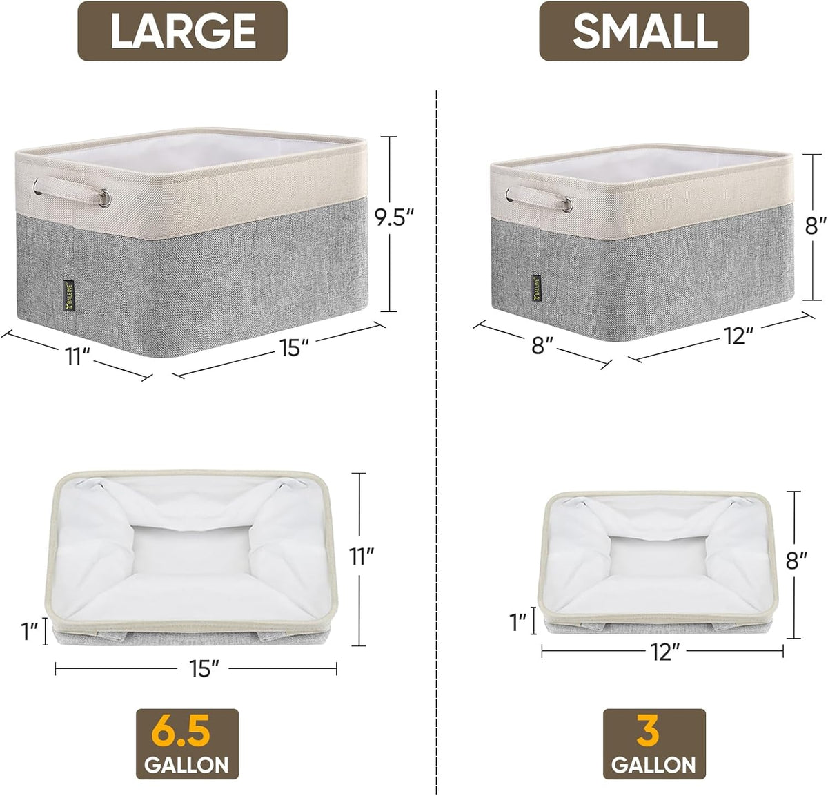 BALEINE 2 Pack Fabric Storage Bins for Shelves, Linen Storage Baskets for Organizing, Decorative Closet Bins for Clothes, Home (Grey, 15"x11"x9.5")