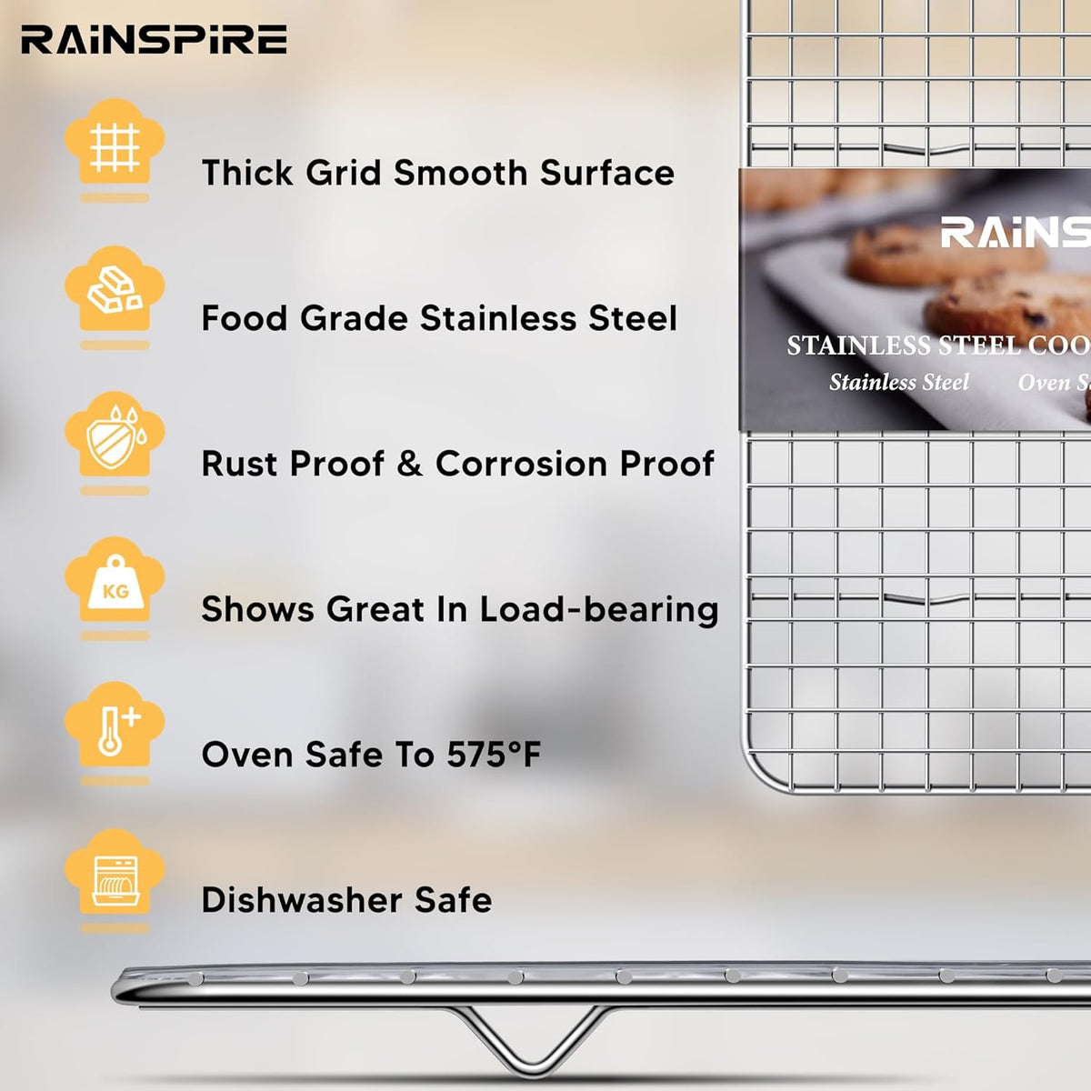 Rainspire Cooling Rack Stainless Steel, Heavy Duty Cooling Racks for Cooking and Baking, Oven Safe Wire Rack for Cooking, Baking Rack for Oven Cooking Fits Jelly Roll Pan, 10" x 15", 1-Pack