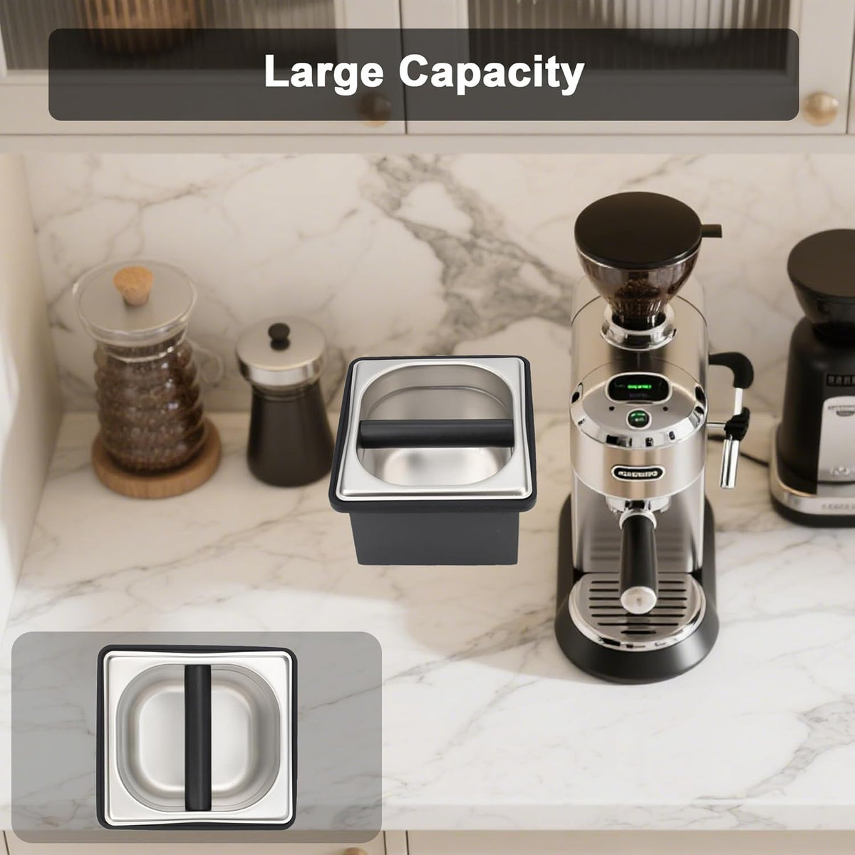 Espresso Knock Box, Coffee Knock Box for Espresso Grounds Disposal, Large Capacity, Equipped with Noise Reduction Rubber Ring & Steel Holder, Ideal Tool for Espresso Machines, Black (Small)
