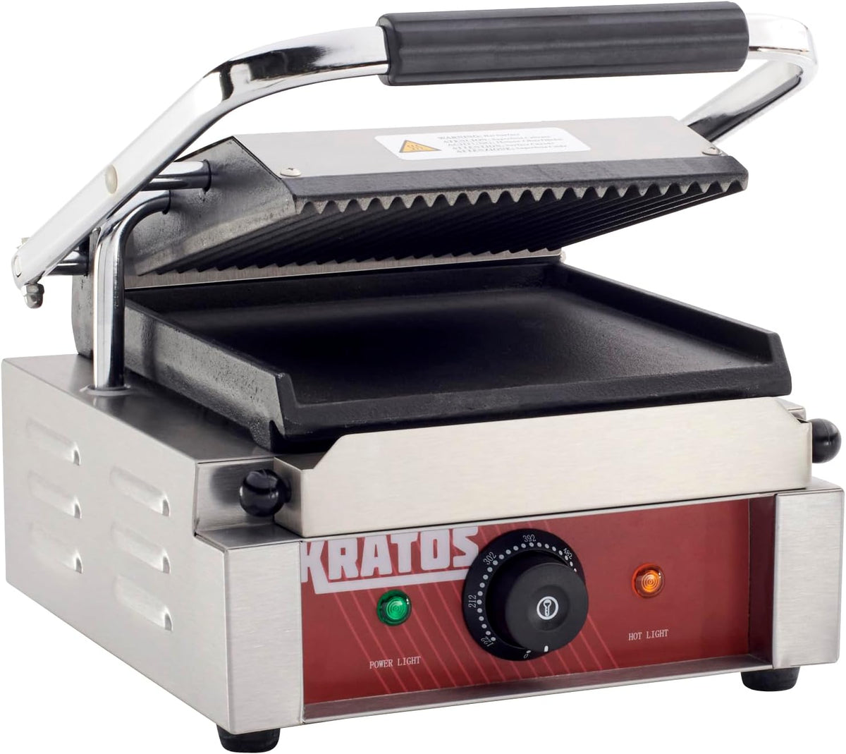 Kratos Commercial Electric Panini Sandwich Grill with Grooved Top and Smooth Bottom Plates, 9" x 9" Cooking Surface, Commercial Countertop Panini Press, 120V, 1750W (29Y-019)
