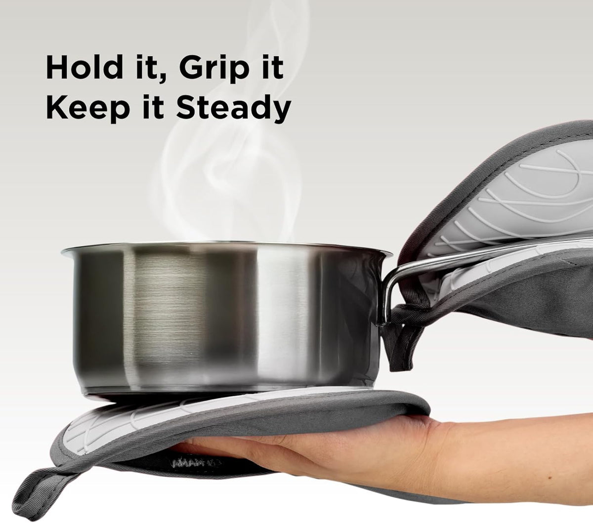 Kitchen Mama Silicone Pot Holders - Heat Resistant, Non-Slip Surface, Dual Pocket Design with Soft Cotton Lining, Safe, Durable, Stylish, Practical for Everyday Use Hot Oven, Bowl, Pan (Metal Gray)