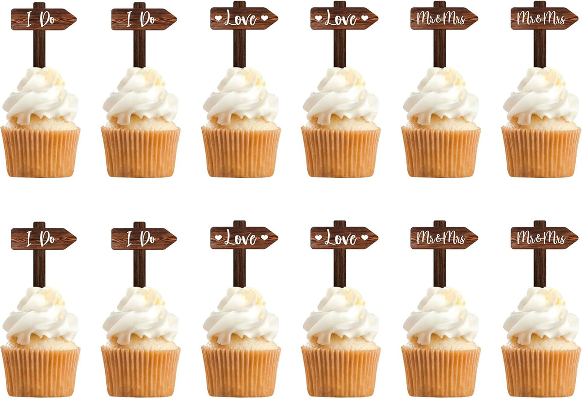 12 PCS Wedding Cupcake Toppers in Wood Rustic Wedding Cake Decoration