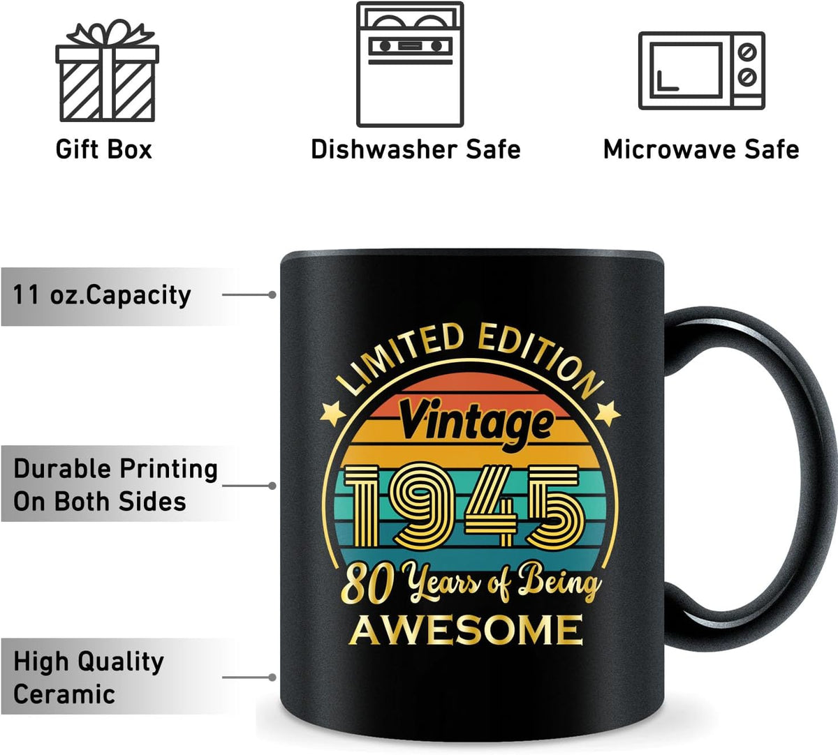 QUPT 80th Birthday Gifts for Women Men, 80th Birthday Gifts for Him, 1945 Birthday Gifts for Women Men, 80 Years Old Gifts, 1945 Birthday Gifts for Her Him, 80th Birthday Presents Coffee Mug