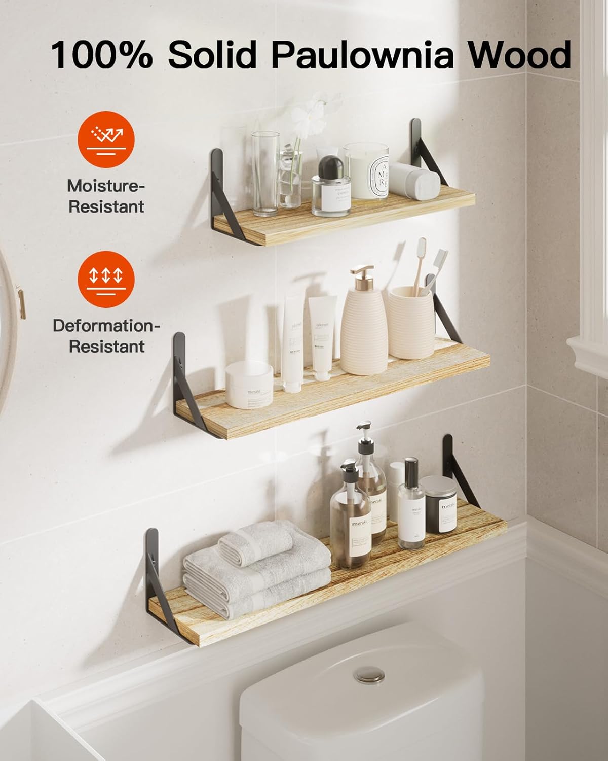 AMADA HOMEFURNISHING Long Wall Shelves, Rustic Farmhouse Style, Wood Floating Shelves for Wall Decor, Bathroom & Bedroom Storage, Living Room Book Shelves, 6pcs