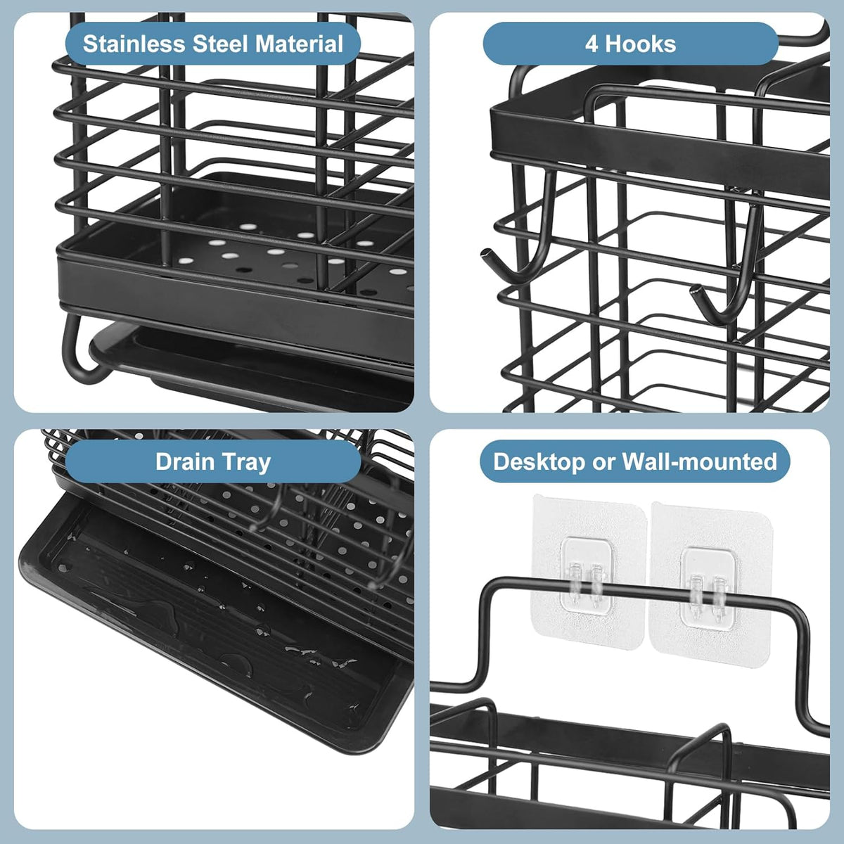 Utensil Holder, Stainless Steel Utensil Drying Rack with Drain Tray, Kitchen Counter Drainer Basket Silverware Cutlery Flatware Holder Forks, Knives, Spoons, Chopsticks Organizer (Black)
