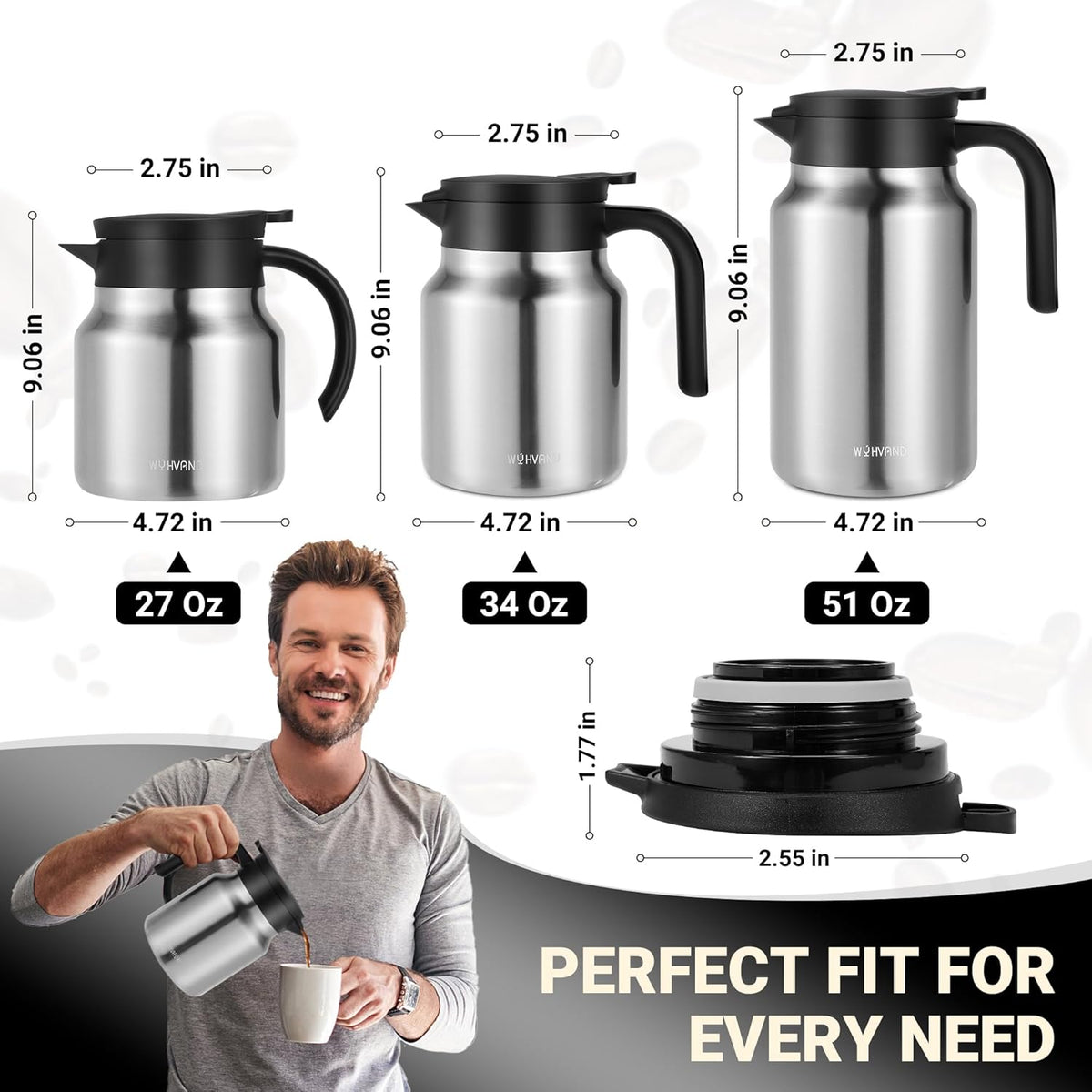 27Oz Thermal Coffee Carafes For Keeping Hot/Cold, Stainless Steel Coffee Carafe, Dustproof Insulated Water Carafe for Party/Home,Silver