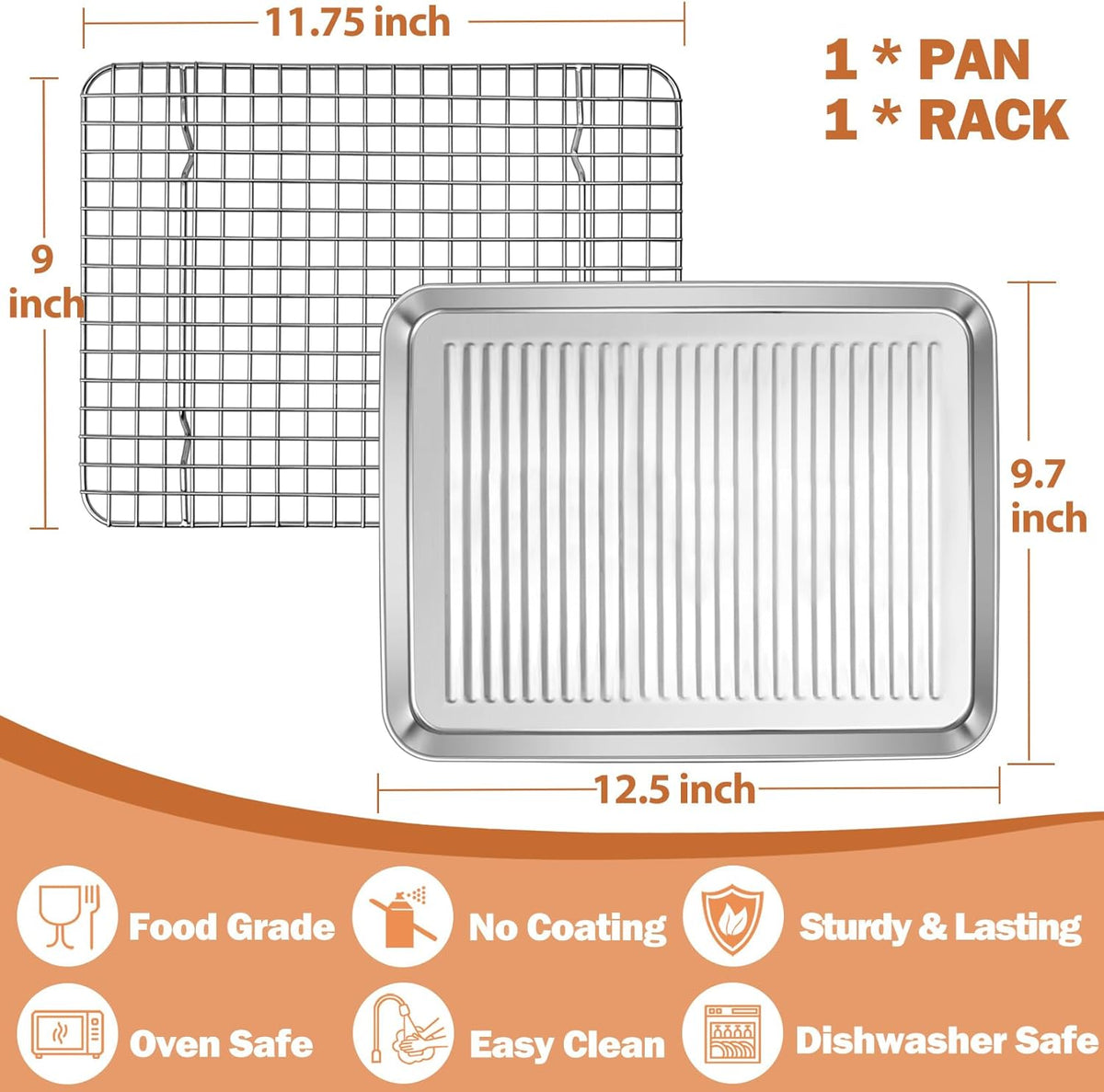 P&P CHEF Baking Oven Pan with Wire Rack, Stainless Steel Baking Oven Sheet Tray, Bacon Pan and Cooling Rack for Cooking Roasting Cookie, Dishwasher Safe & Easy Clean, 12.5 x 9.7 x 1 Inch
