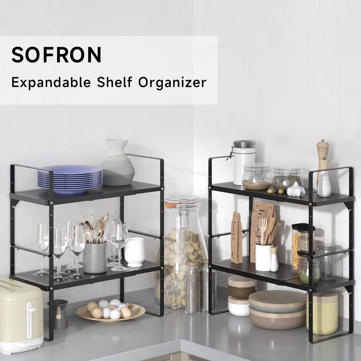 Expandable Cabinet Storage Shelf Stackable Organizer Rack for Kitchen Bathroom Pantry Spice Cupboard Coffee Countertop Home Office Desk Heavy Duty Nonslip Black Large 2 Packs