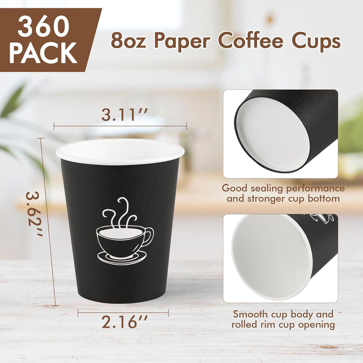 360 Pack 8 oz Paper Coffee Cups, Disposable Black Paper Cups for Hot Beverage, Drinking Water, Used for Cafes, Offices and Events