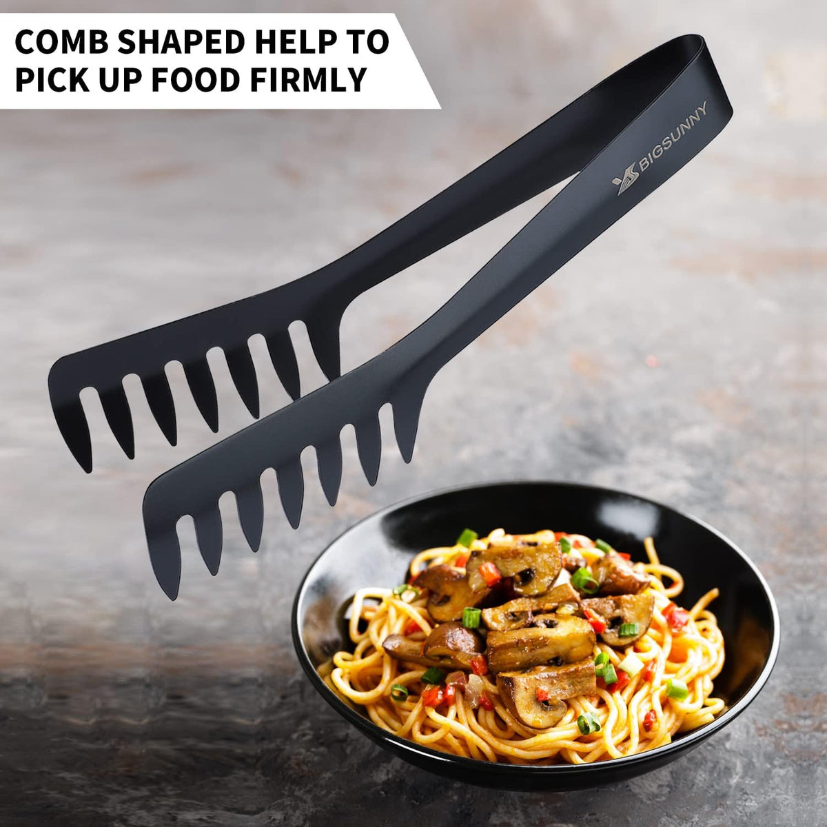 MSY BIGSUNNY 8-Inch Pasta Tongs, Stainless Steel Food Serving Tongs, Rust-Proof Spaghetti Tongs (Set of 2, Black)