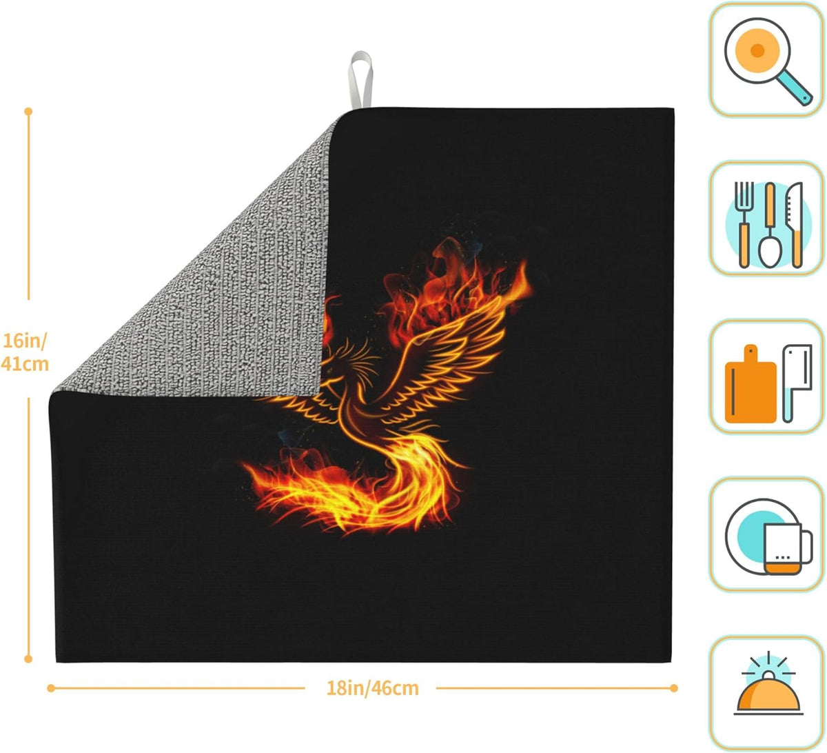 Fire Phoenix Dish Drying Mat for Kitchen Counter Washable Absorbent Reversible Microfiber Funny Drying Pad Kitchen Accessories 16x18 Inch