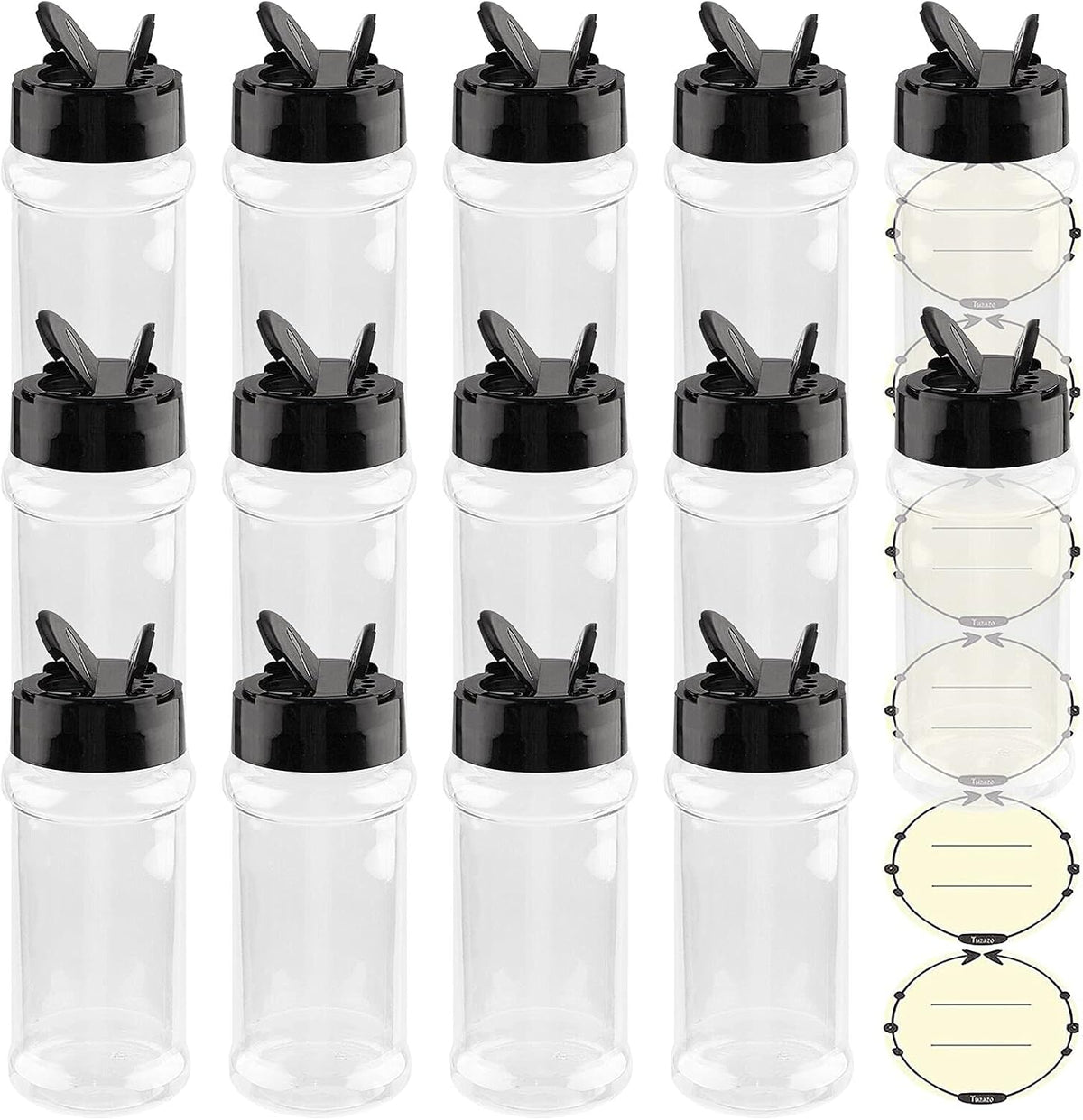 TUZAZO 3 oz Plastic Spice Jars with Shaker Lids and Labels, 14 Pcs Clear Empty Spice Bottles Seasoning Containers for Spice, Herbs and Seasoning Powders