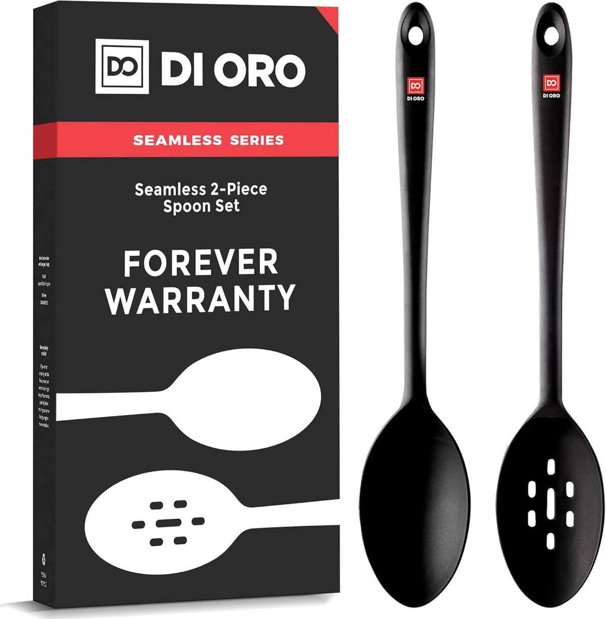 DI ORO Silicone Spoons for Cooking - Large Kitchen Spoons for Mixing, Serving, & Stirring - 600°F Heat-Resistant Non Stick Utensils – Big Solid & Slotted - Dishwasher Safe (2pc, Black)