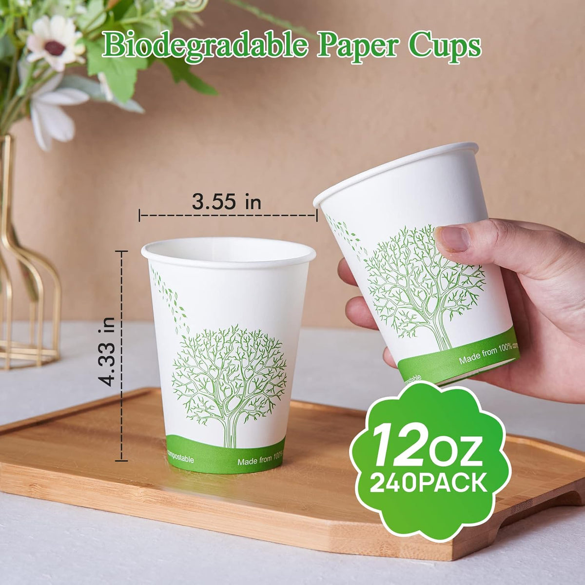 ECOLipak 240 Count 12 oz Compostable Paper Cups, Biodegradable Disposable Paper Coffee Cups with PLA Lined, Eco-friendly Hot Drinking Cups for Party, Picnic,Travel,and Events