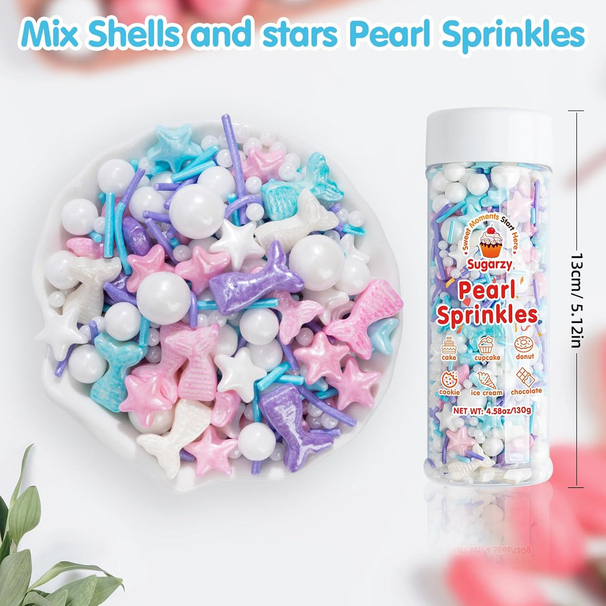 Mermaid Sprinkles,Edible Sugar Pearl Stars Jimmies Mix 130g/4.58oz,Pearl Candy Ocean Sprinkles,Summer Baking Cake Fun Decorations,Perfect for Baking,Ice Cream,Cookies,Dessert,Cupcake Topper,Birthday Children's Day Party Supplies ﻿