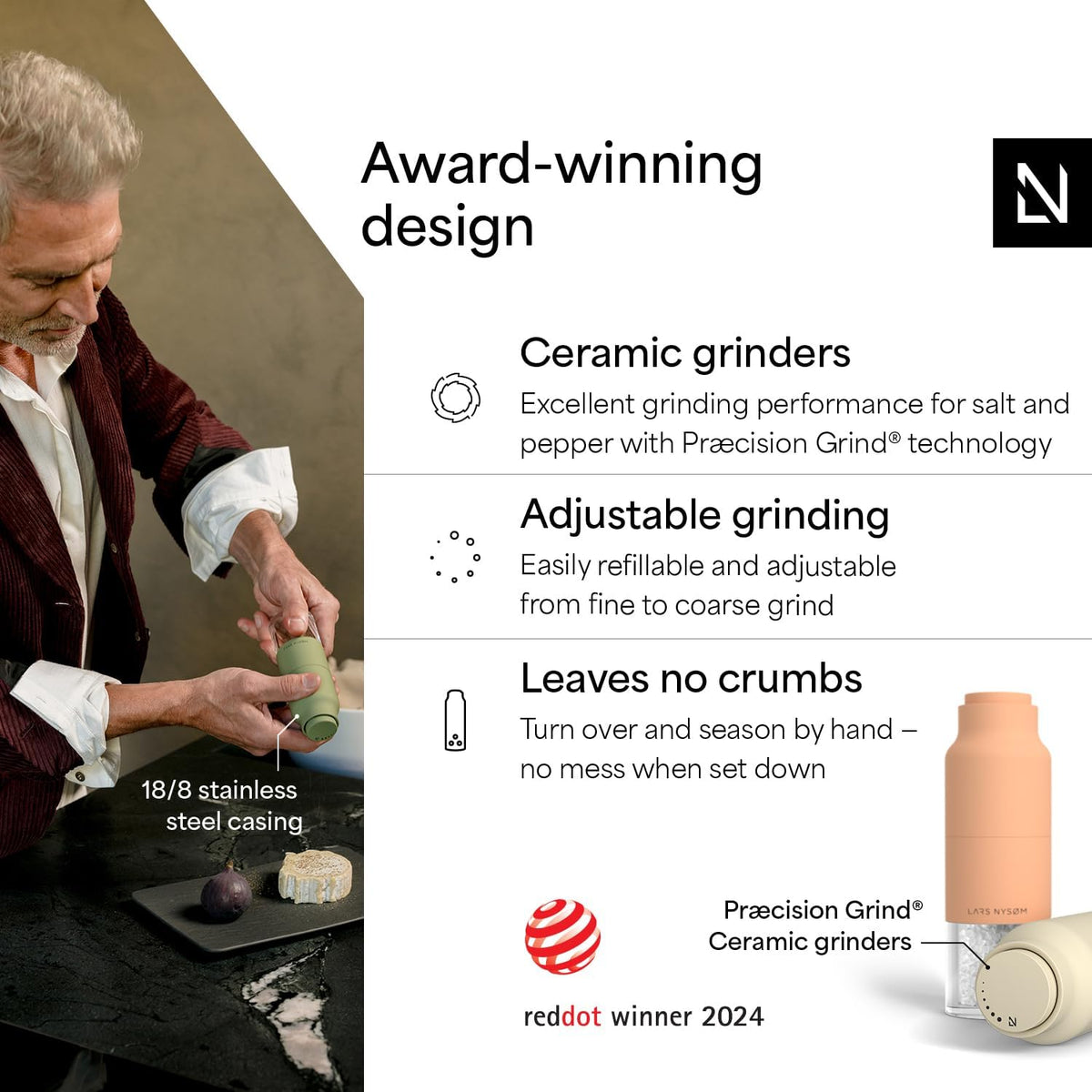 LARS NYSØM Salt and Pepper Grinder Set, Stainless Steel Manual Salt and Pepper Mills, Adjustable Ceramic Grinder, Design Spice Shakers (Peach/Beige)