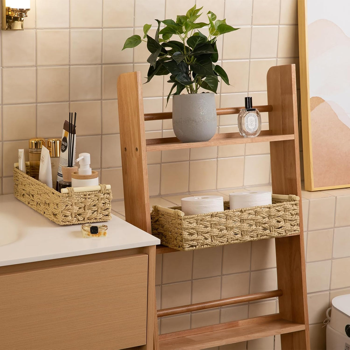 OIAHOMY Toilet Paper Baskets Handmade Paper Rope Decorative Wicker Storage Tank Shelf Cabinet Organizer for Bathroom Home, Set of 2, Yellow
