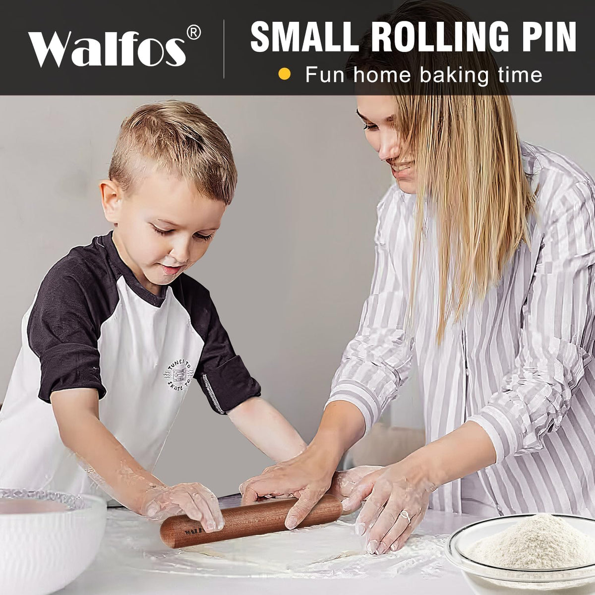 Walfos Mini Rolling Pin Set - Small Natural Wooden Rolling Pins (8inch) With Non-stick Silicone Fiber Baking Mat, Baking Dough Roller for Pizza, Pie, Pasta, Bread, Pastry