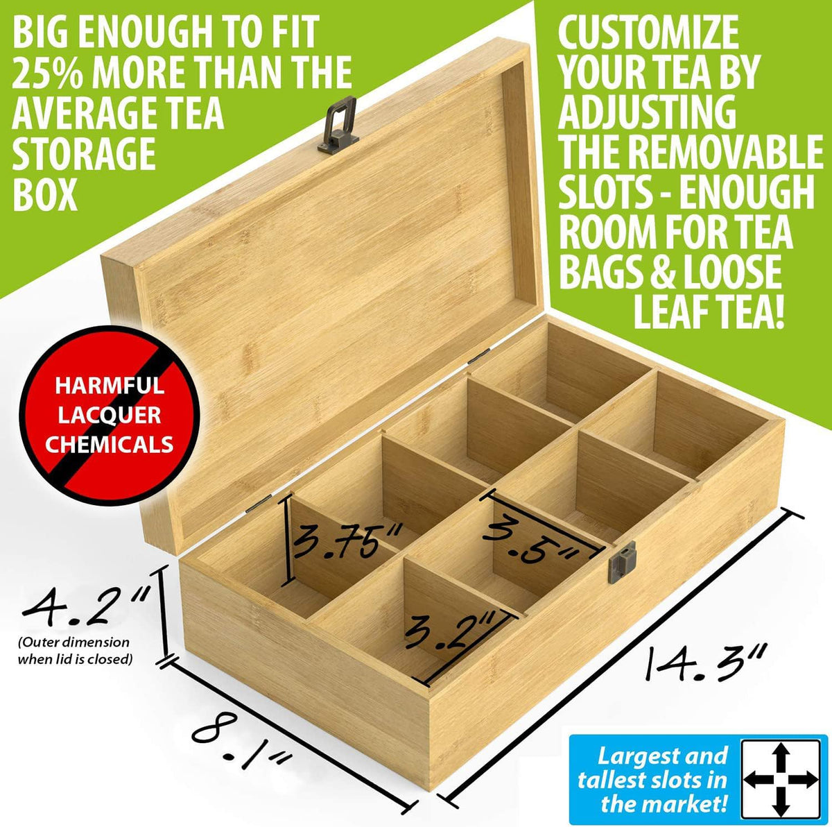 Tea Organizer Box Food Safe Chemical Free Bamboo Wood Storage Chest Big, Tall, Adjustable Cubbies (8-Slot 14.3" x 8.1" x 4.2" with TEA print design)