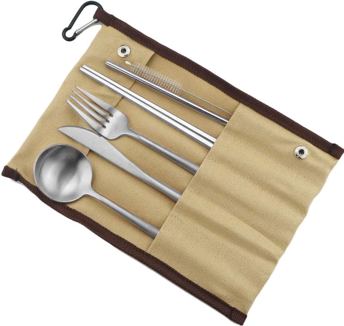 Gugrida Reusable Travel Utensils, 7 Pieces Portable 18/10 Stainless Steel include Knife Fork Spoon Chopsticks Cleaning Brush Straws Portable Pouch, Eco-friendly Camping Silverware Set, Dishwasher Safe