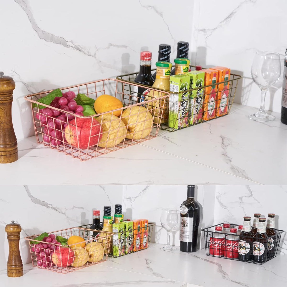 Wire Kitchen Storage Basket 4 Packs,Perfect Pantry Organization Accessories Baskets,Laundry Basket,Countertop Organization,Suitable for Kitchen,Bathroom,Bedroom,Tabletop,Rose gold