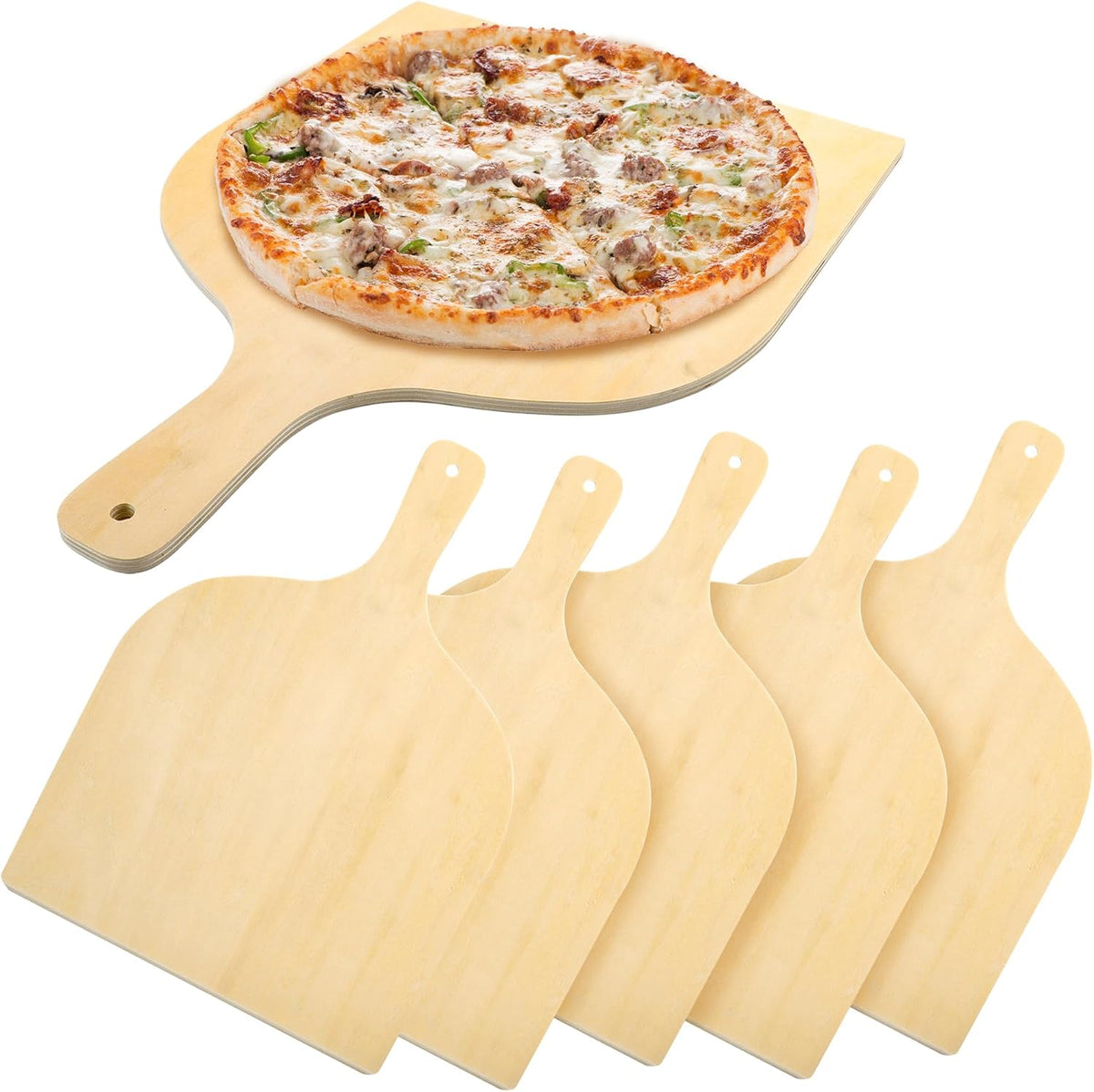 5 Pack 12 Inch Wooden Pizza Peel, Large Wood Pizza Spatula Paddle with Handle, Wooden Pizza Peel Spatula Cutting Board for Baking, Oven Pizza(16.5" L x 12" W)