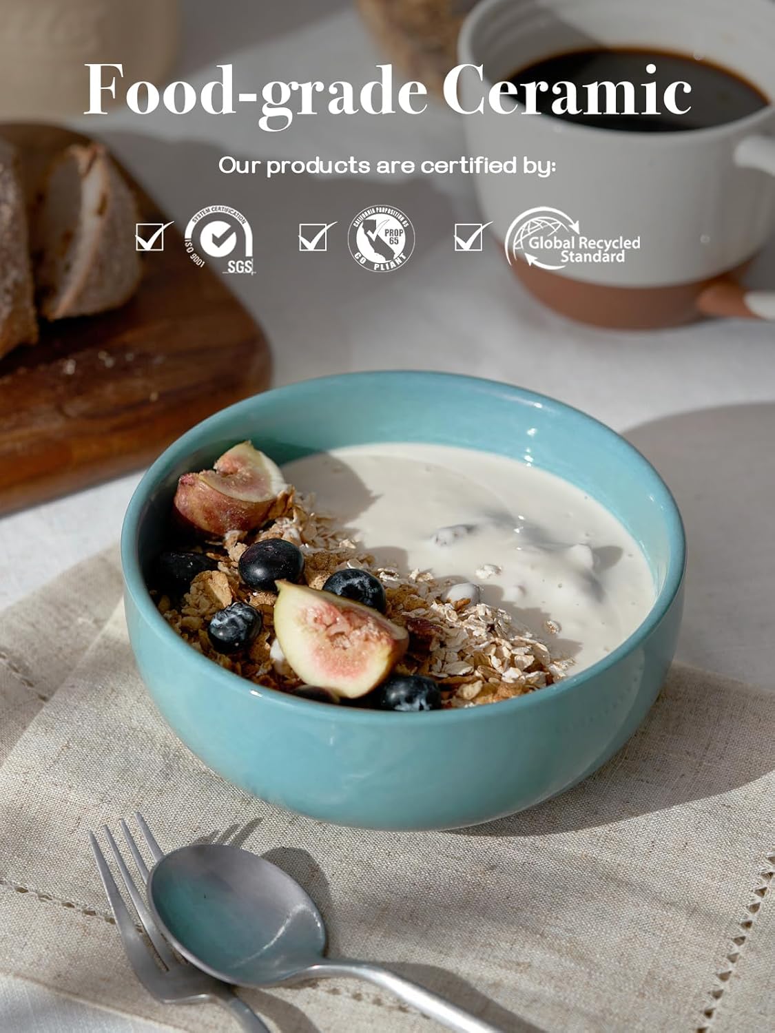 DOWAN 22 OZ Ceramic Soup Bowls & Cereal Bowls - 6" Classic Bowls Set of 4 for Soup, Cereal, Oatmeal, Fruit, Rice - Dishwasher & Microwave Safe (Turquoise)