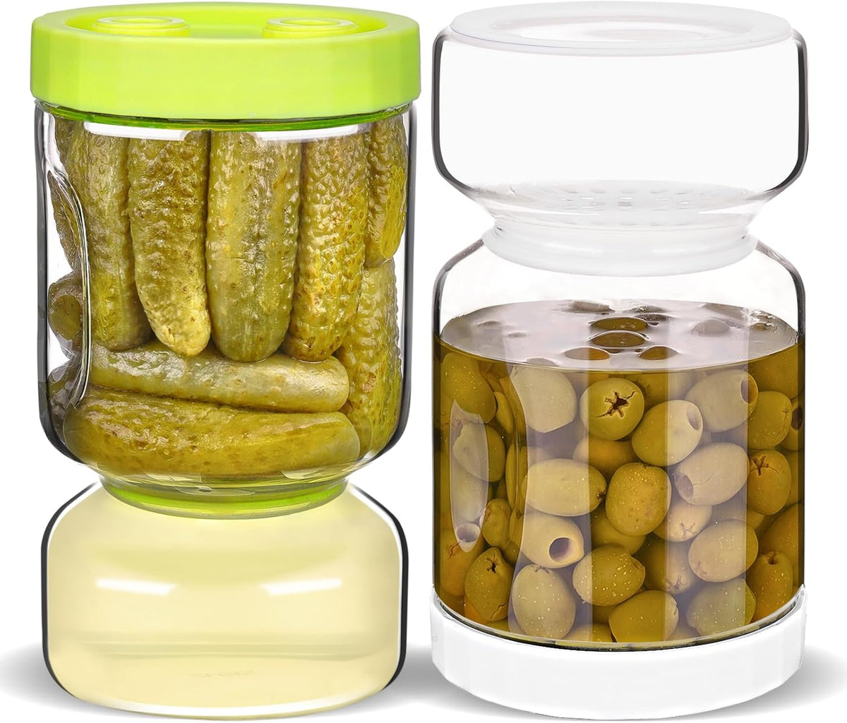 ZENS Glass Pickle Jar with Strainer Flip, 2 Pack Pickle Container Olive Hourglass Jars, Airtight Pickle Juice Separator from Wet and Dry, Pickles Storage Jar 51oz-Green & White