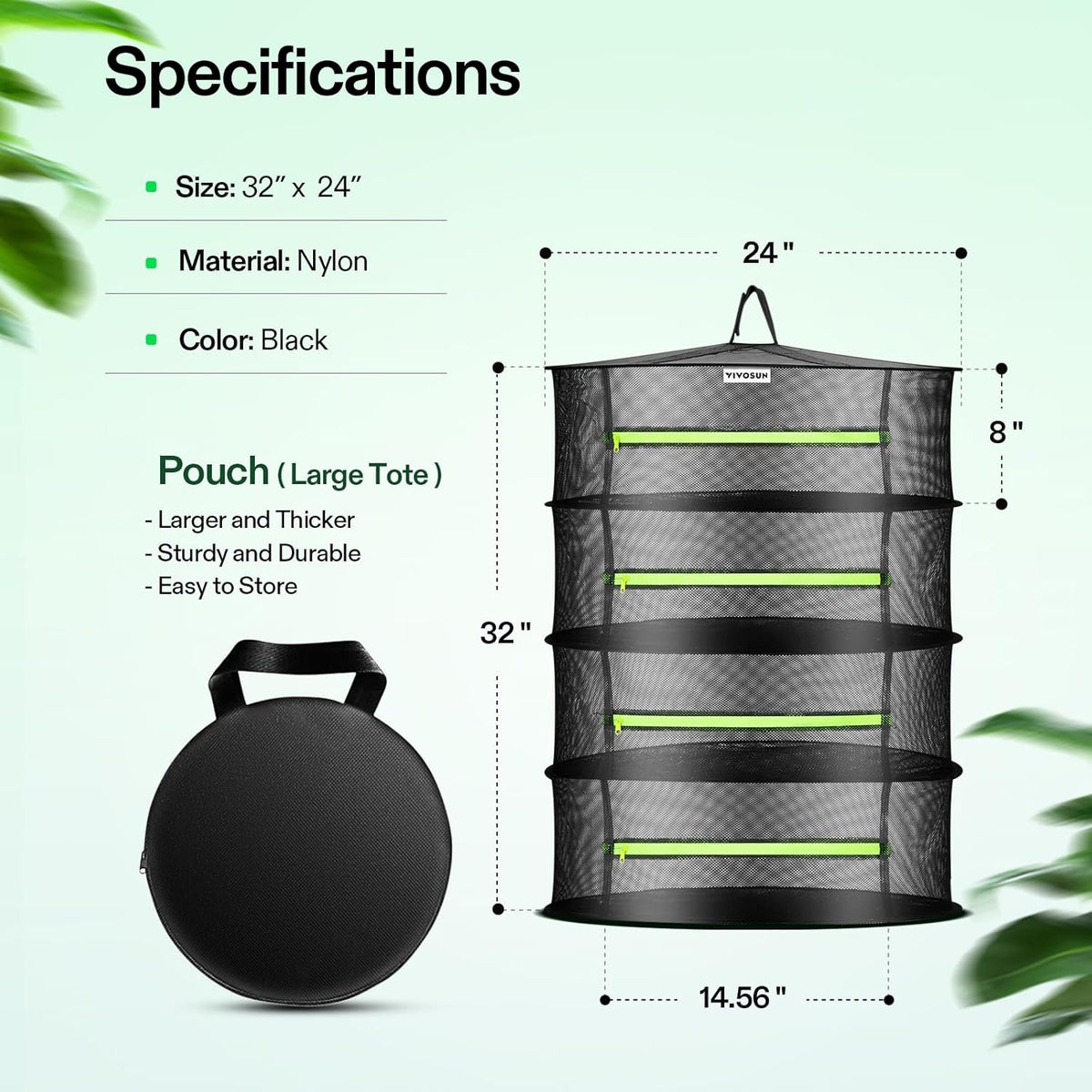 VIVOSUN 2-Pack 4-Layer Mesh Drying Rack Hanging Design with Green Zippers for Dehydrating, Indoor and Outdoor (Pruning Shears Included)