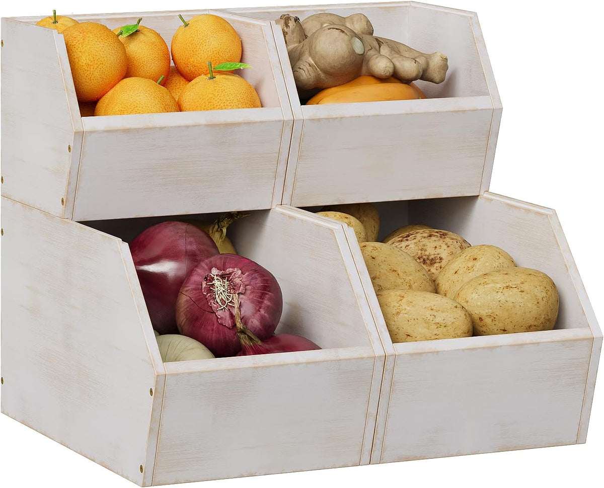 2 Set Bamboo Pantry Storage Bins Wood Stackable Baskets Potato and Onion Storage Bins Fruits Vegetable Bread Organization for Kitchen Counter