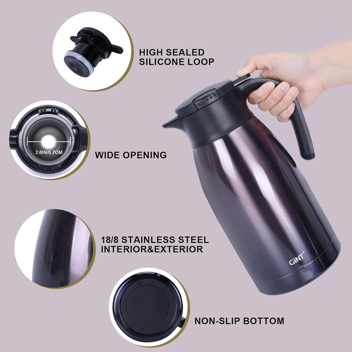 GiNT 1.9L / 64Oz Thermal Coffee Carafe, Insulated Stainless Steel Coffee Carafes for Keeping Hot/Double Walled Vacuum Thermal Carafe (Purple)