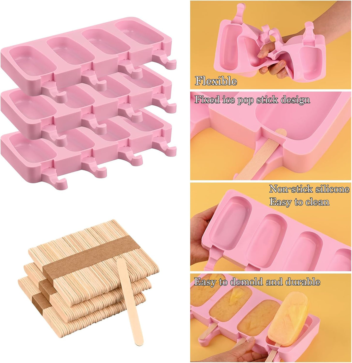 Sakolla Silicone Popsicle Molds Set of 3, Large Oval 4 Cavities Homemade Ice Pop Molds with 150 Wooden Sticks for Ice Cream, Cakesicles, Cake Pop (Pink)
