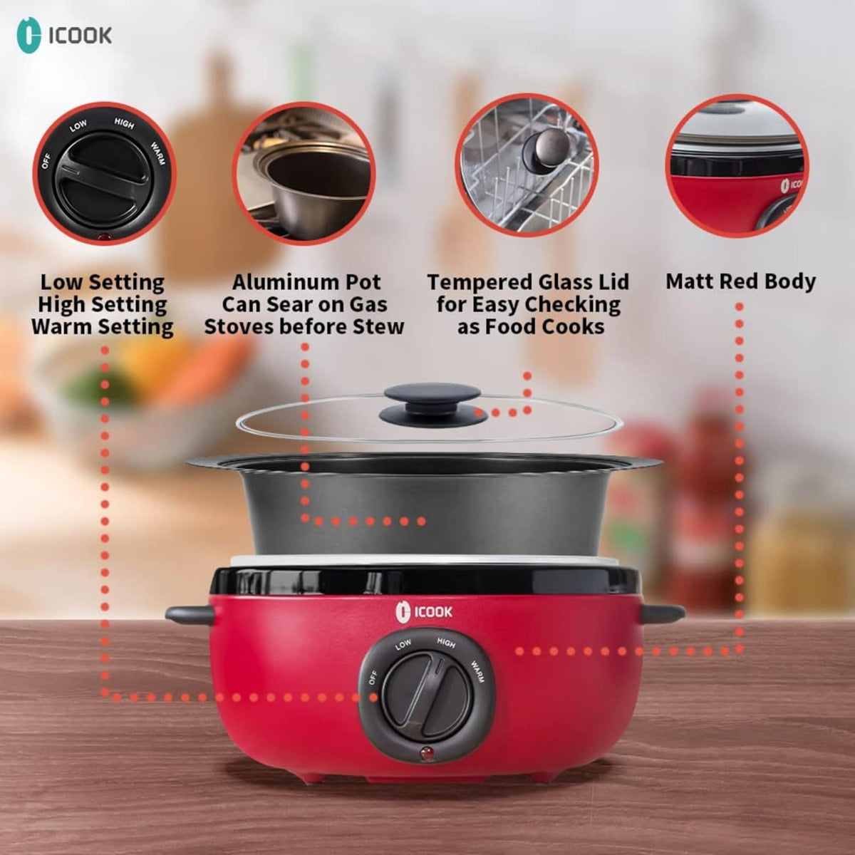 ICOOK 6.5 Quart Slow Cooker, Simmer Pot with Transparent Glass Cover, Cooks Entrees, Adjustable Temp, Sauces, Soups, Roasts, Stews and Dips (Red)