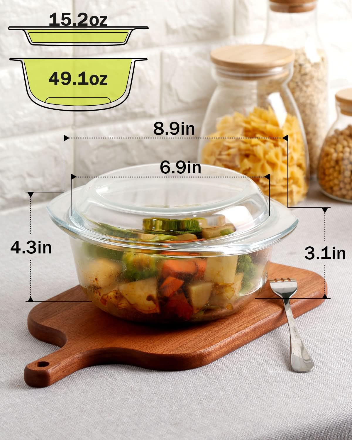 Clear Round Glass Casserole Dish With Lid Non-Plastic Lidded Casseroles Easy Grab Glass Cooking Bowls with Glass Lid, Microwave, Oven, Freezer, and Dishwasher Safe (1.5L)