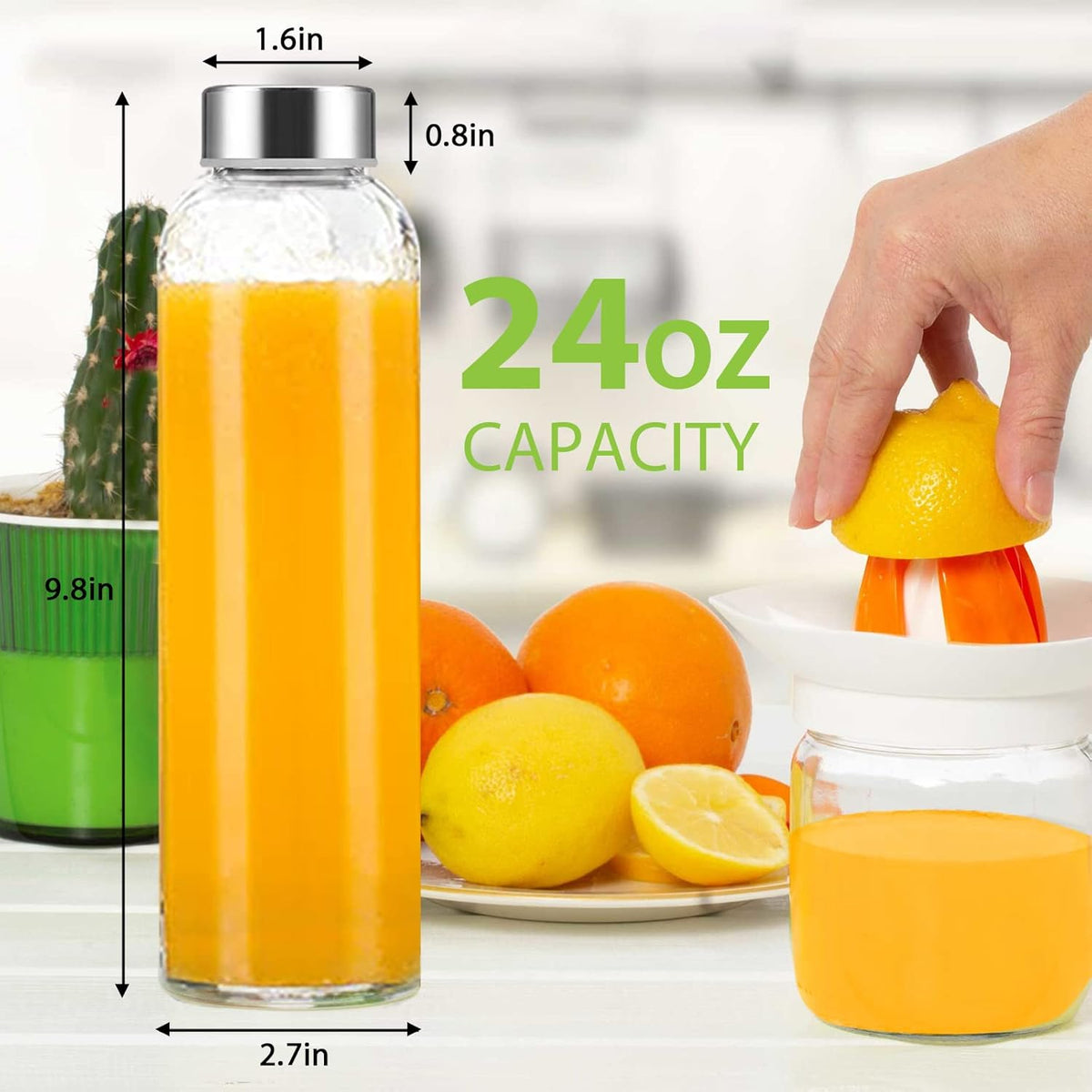 24 oz Clear Glass Juice Bottles with Lids, Reusable Refillable Water Bottles for Juicing,Refrigerator,100% Leak Proof, BPA Free, Juice Water Bottle Set of 10