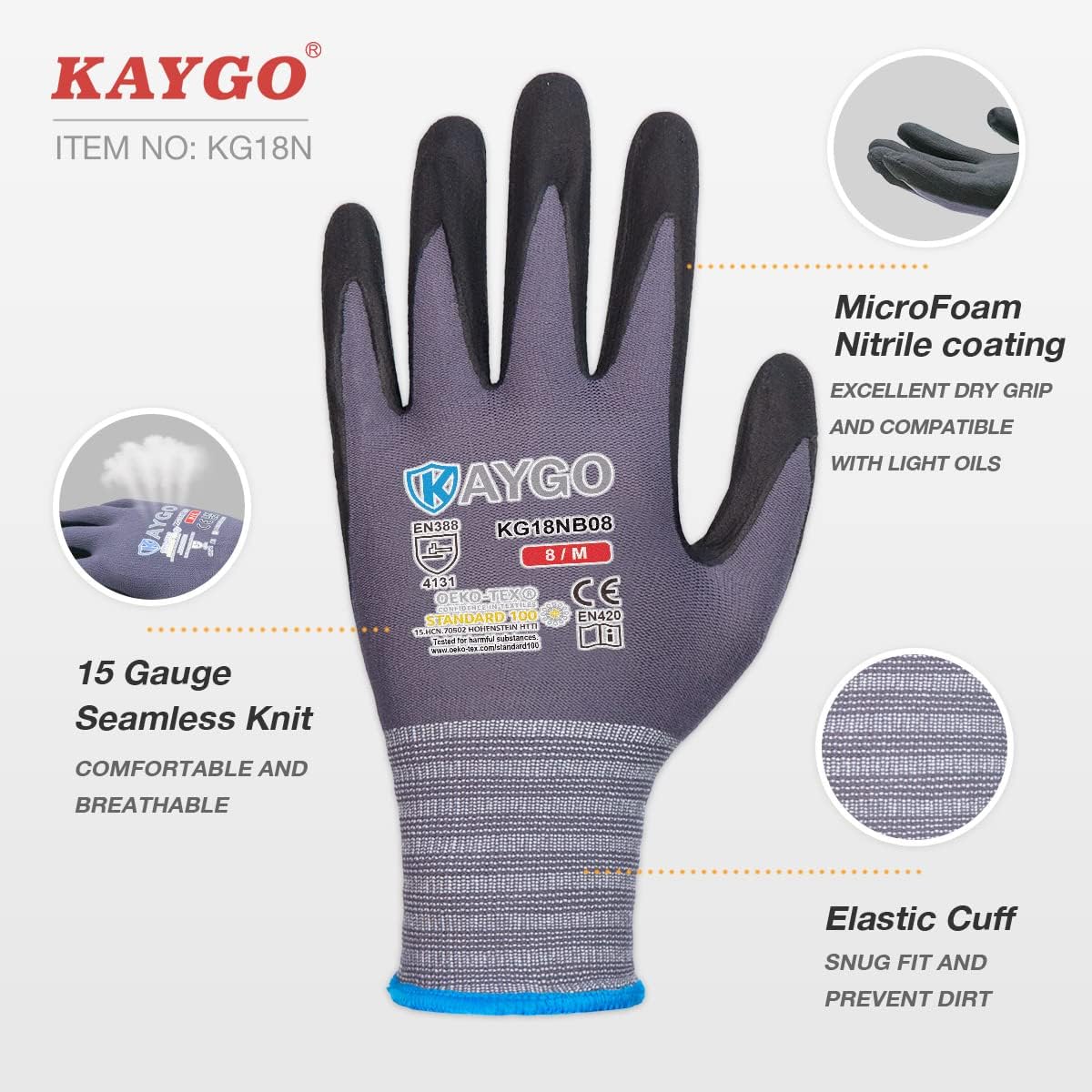 KAYGO Safety Work Gloves MicroFoam Nitrile Coated, 3 Pairs KG18NB,Seamless Knit Nylon Glove for Men and Women, Ideal for Automotive,Warehouse,Construction (Medium,Gray)