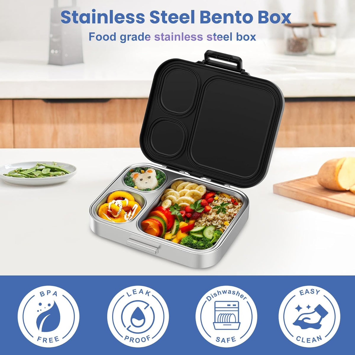 Stainless Steel Bento Lunch Box for Kids | 3-Compartment Lunch Box Container Kids | 100% Leakproof, Dishwasher-Safe, Eco-Friendly, Perfect Portion Control for Kids&Adult Healthy Meals (Black)