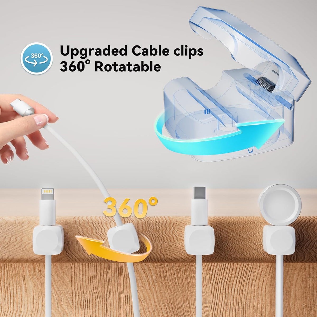 8 Pack Cord Organizer Holder, Rotatable Cable Clips, Spring Cord Holder for Nightstand Adhesive Cable Organizer, Cable Management Clips Charging Cord Organizer for Desk Office Car Wall