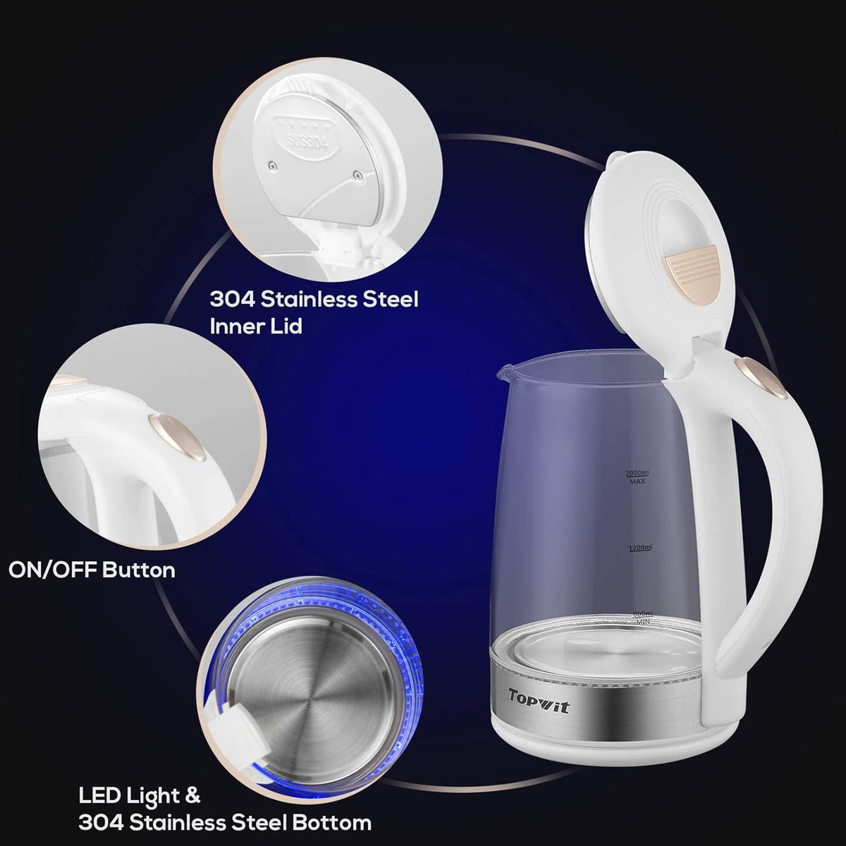 Topwit Electric Kettle Glass Electric Tea Kettle, 2L BPA-Free Hot Water kettle, Stainless Steel Inner Lid and Bottom Water Warmer, Fast Heating with Auto Shut-Off and Boil Dry Protection, White